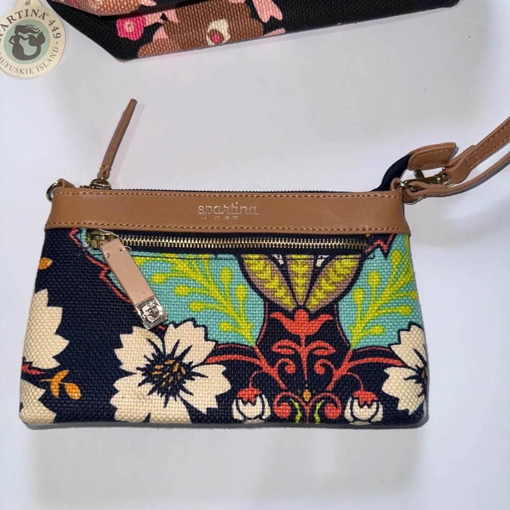 Spartina 449 Cosmetic Case Wristlet‎ 2 Pc Bundle Multi Floral Linen Leather